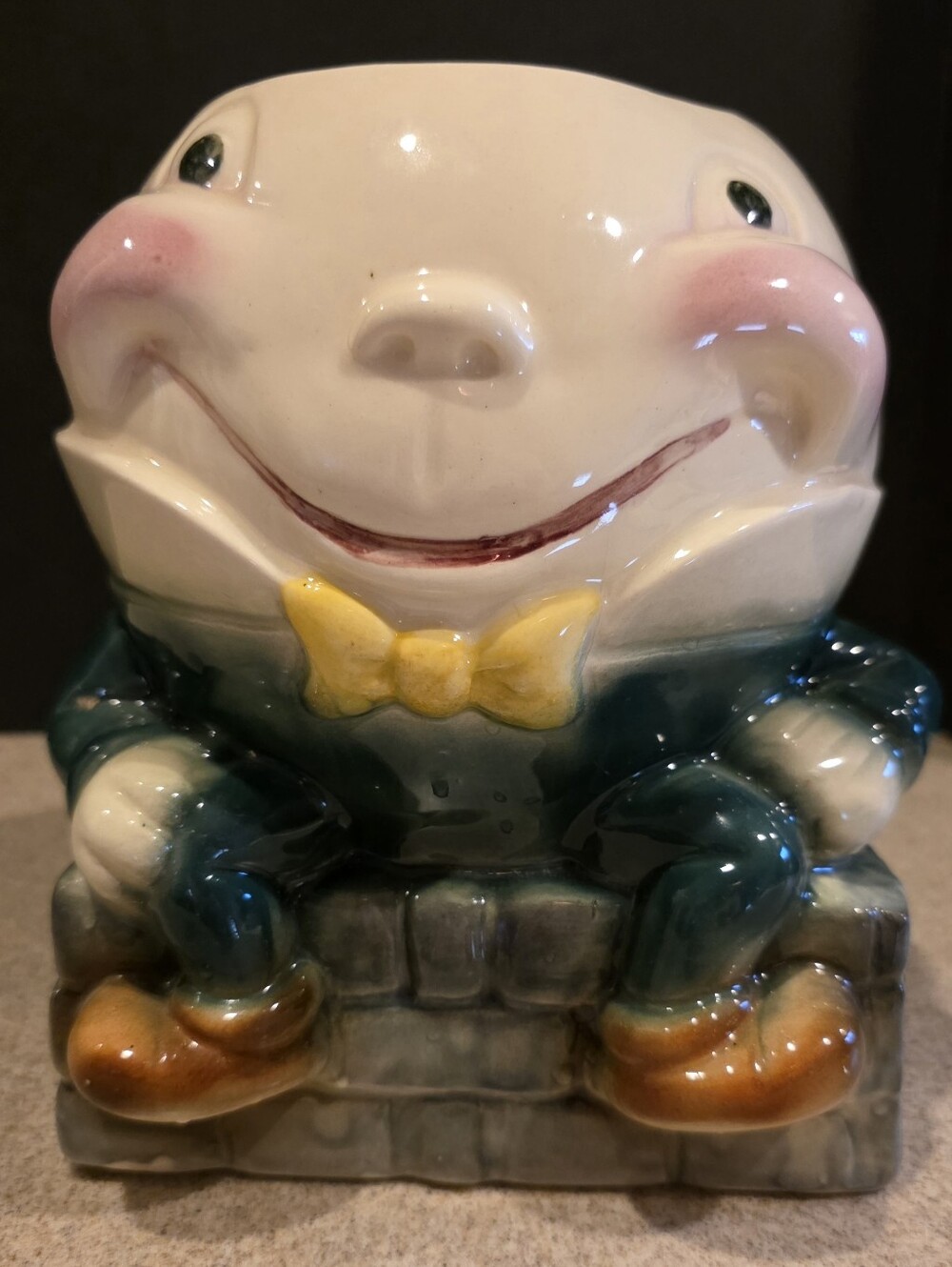Ceramic Humpty Dumpty Figurine in Teal with Yellow Bow Cookie Jar/Planter 1950's
